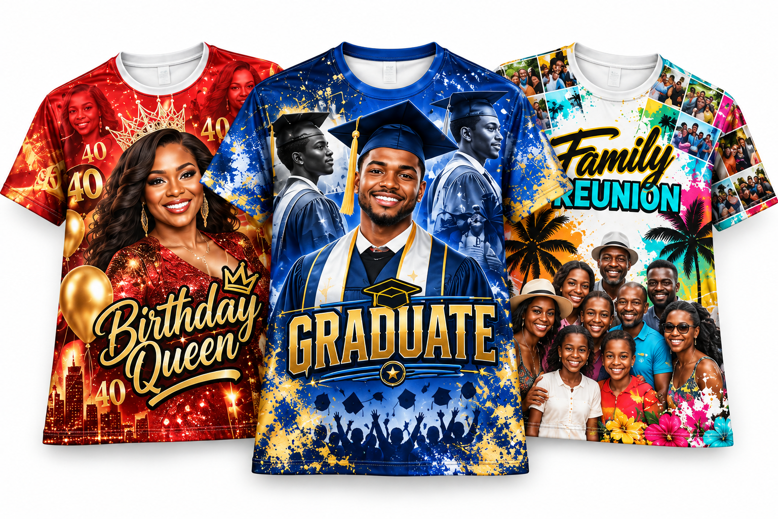 Illustrative birthday, graduation and reunion shirts